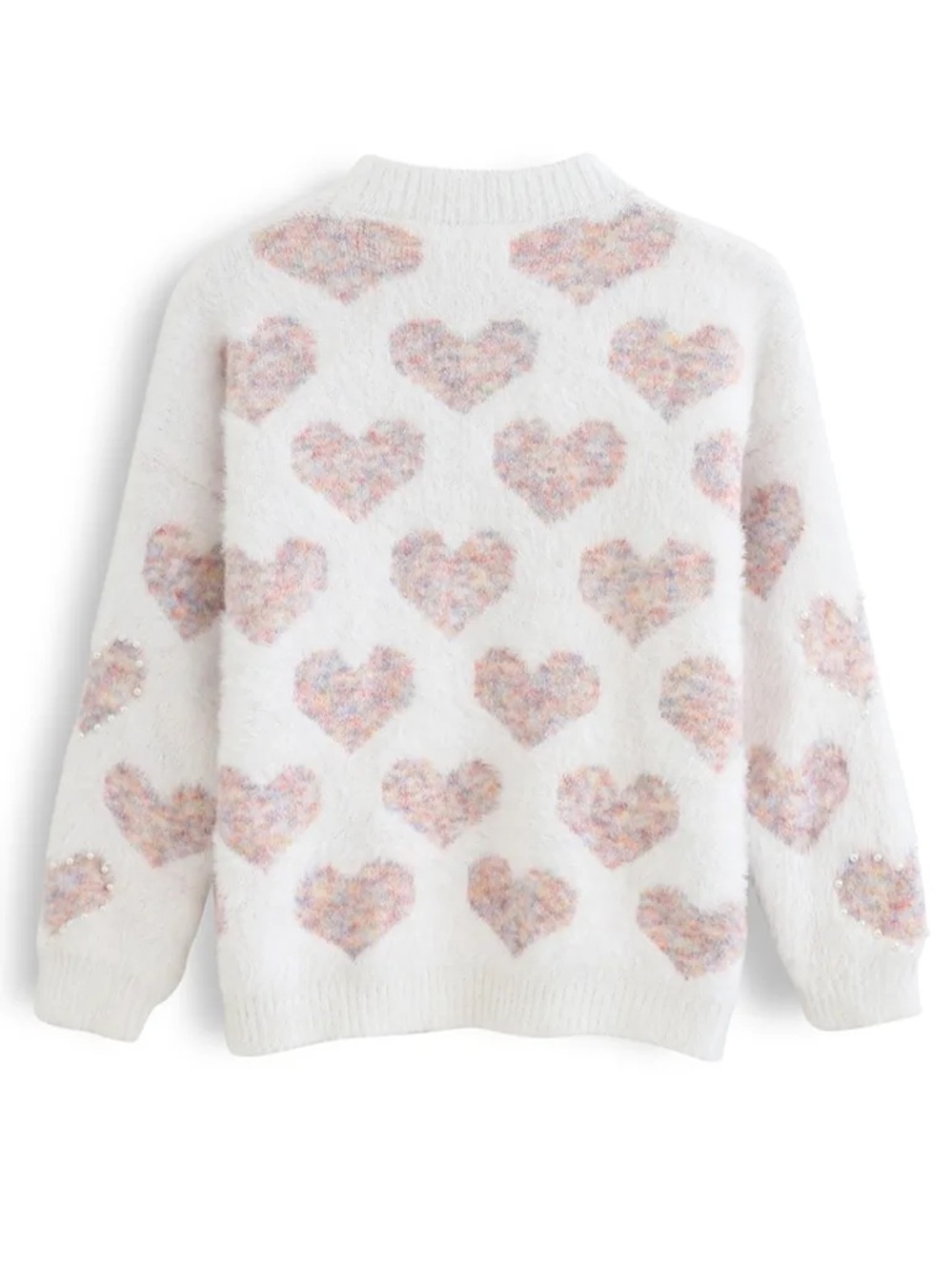 Cozy Heart-Pattern White Fuzzy Sweater